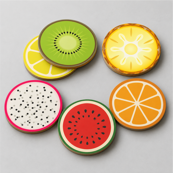 TodFod Fruit Design Wooden Drink Coasters, Set of 6 (4 Inch) – Colorful Coasters for Tea, Coffee, Cups & Glasses