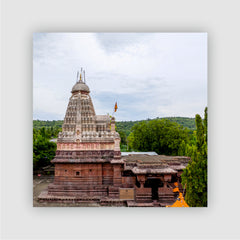 Smaran Grishneshwar Jyotirlinga Wooden Fridge Magnet | Ancient Red Temple & Hills Illustration | 3x3 Inch Spiritual Refrigerator Decor for Home Kitchen & Gift