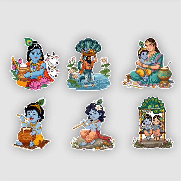 Todfod Krishna Fridge Magnet Set of 6 | 3 Inch Colorful Cartoon Style MDF Wood Hindu Deity Religious Souvenir