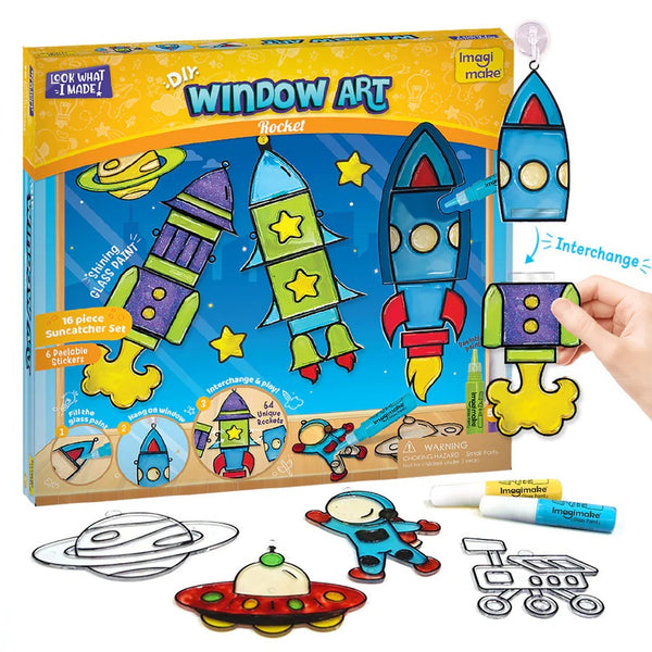 Window art kit with rocket designs, markers, and packaging on a white background