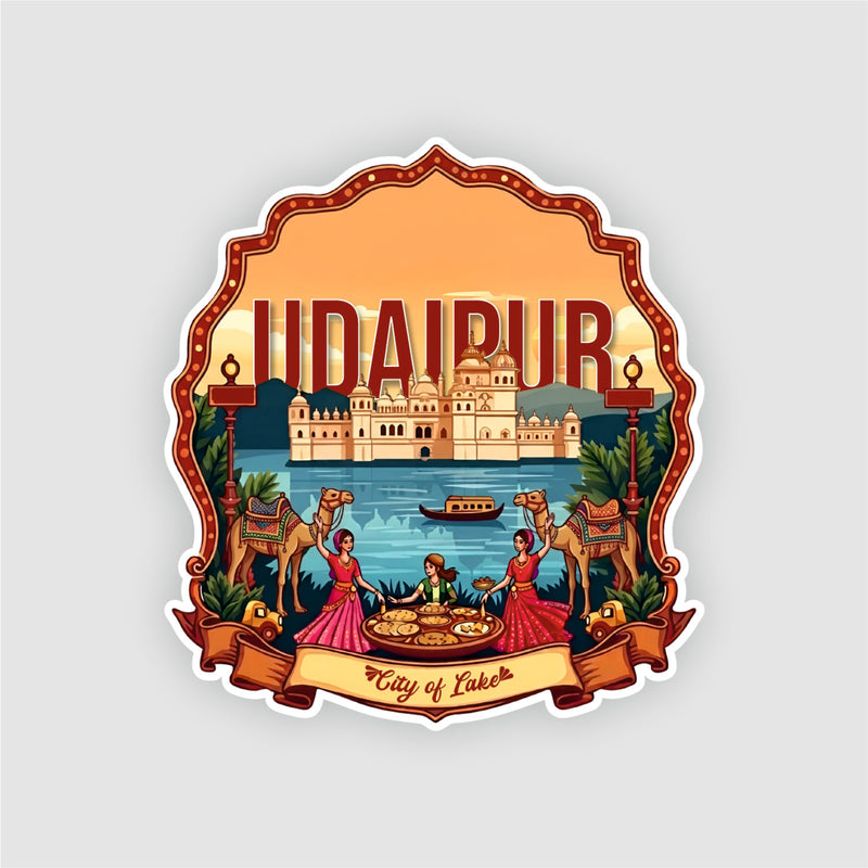 Smaran Udaipur Wooden Fridge Magnet | City of Lakes Lake Palace Illustration | 3x3 Inch Refrigerator Decor for Home Kitchen & Gift