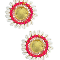 Pair of earrings with pink and yellow design on a white background