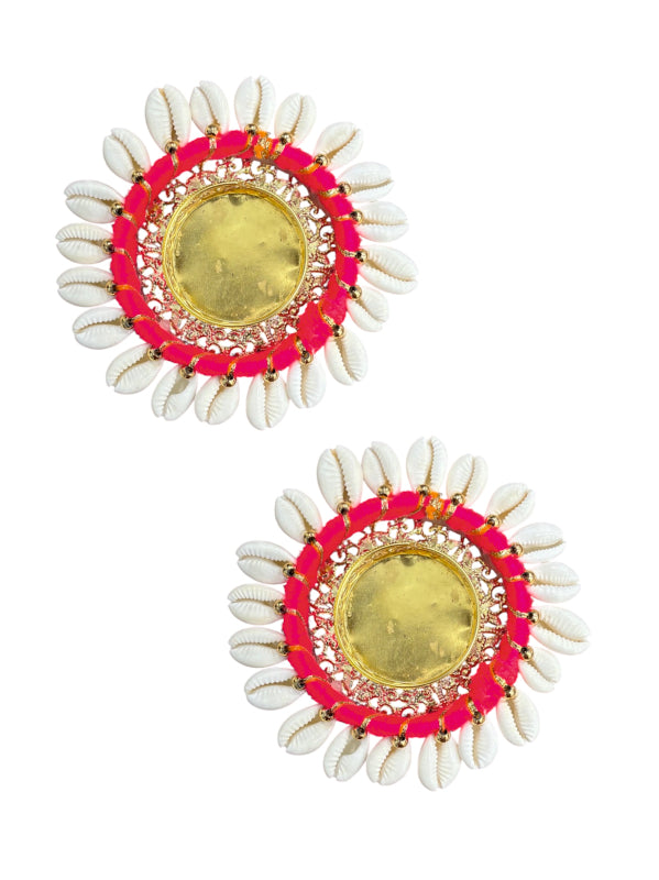 Pair of earrings with pink and yellow design on a white background