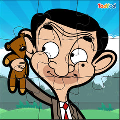 Cartoon character holding a teddy bear with a blue sky background
