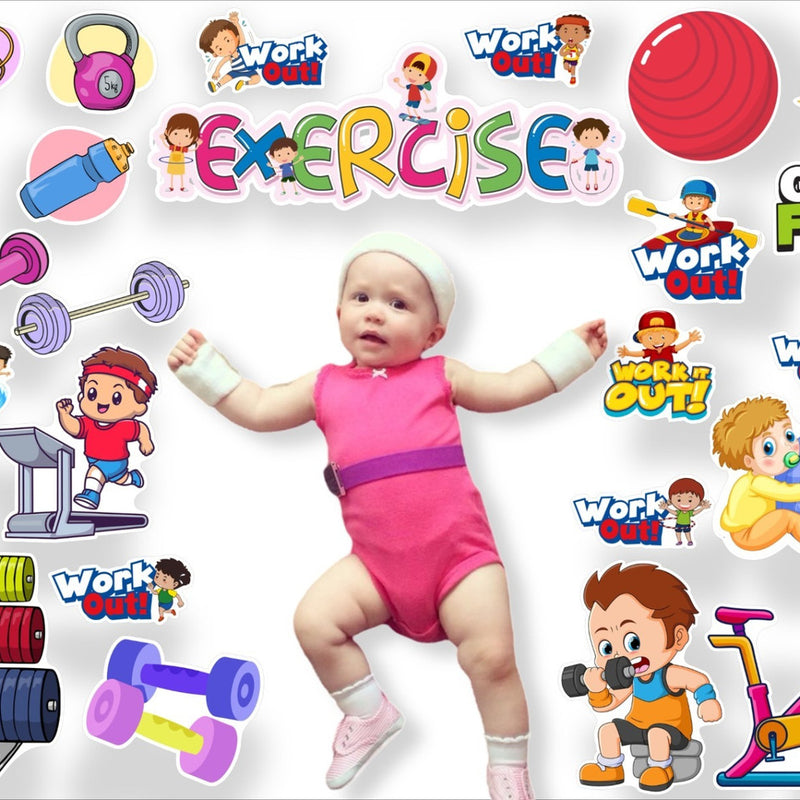 Baby in exercise outfit surrounded by fitness-themed illustrations and text on a white background