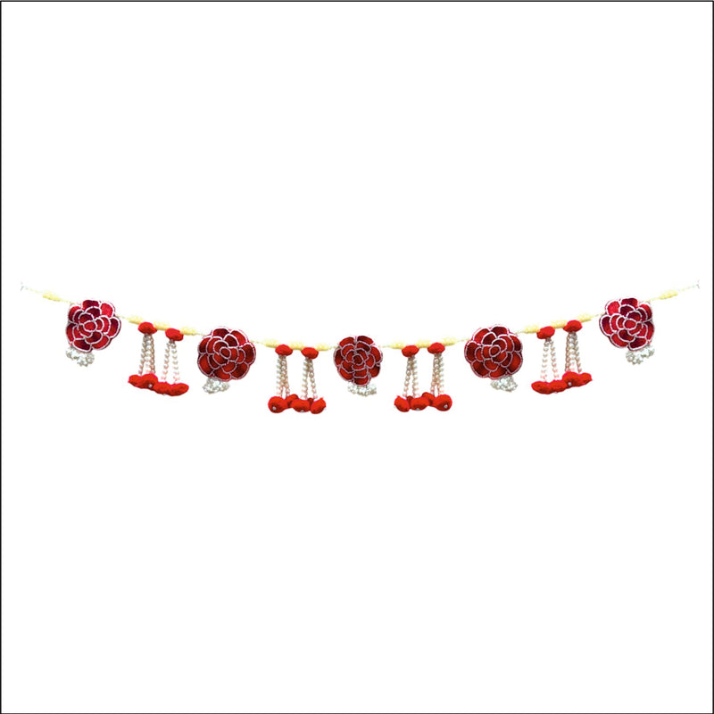 Decorative garland with red and pink flowers and red berries on a white background