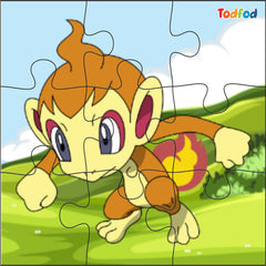 Cartoon character puzzle with a green landscape background