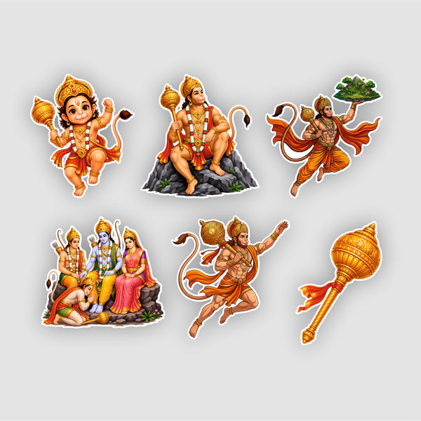 Todfod Hanumanji Fridge Magnet Set of 6 | 3 Inch Colorful Cartoon Style MDF Wood Hindu Deity Religious Souvenir
