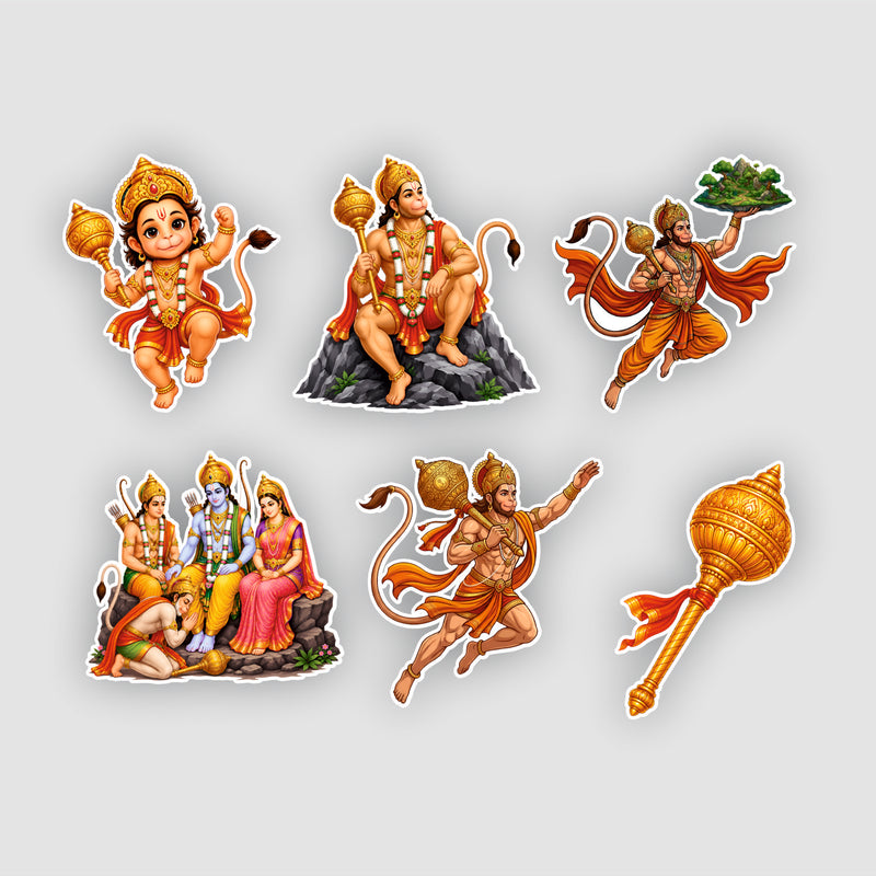 Todfod Hanumanji Fridge Magnet Set of 6 | 3 Inch Colorful Cartoon Style MDF Wood Hindu Deity Religious Souvenir