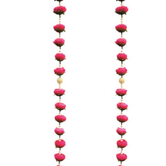 Pair of long earrings with pink beads and gold accents on a white background