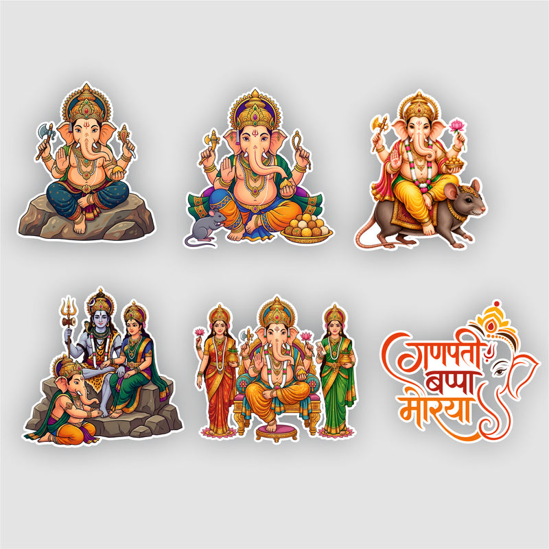 Todfod Ganesha Fridge Magnet Set of 6 | 3 Inch Colorful Cartoon Style MDF Wood Hindu Deity Religious Souvenir