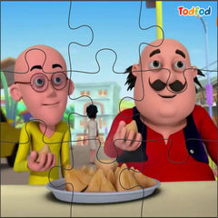 Cartoon characters with a plate of samosas, likely part of a puzzle game, with 'Todfod' branding.