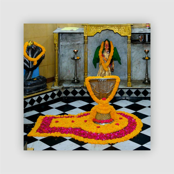 Smaran Nageshwar Jyotirlinga Wooden Fridge Magnet | Sacred Shrine Interior with Snake Statue & Floral Offerings | 3x3 Inch Spiritual Refrigerator Decor for Home Kitchen & Gift