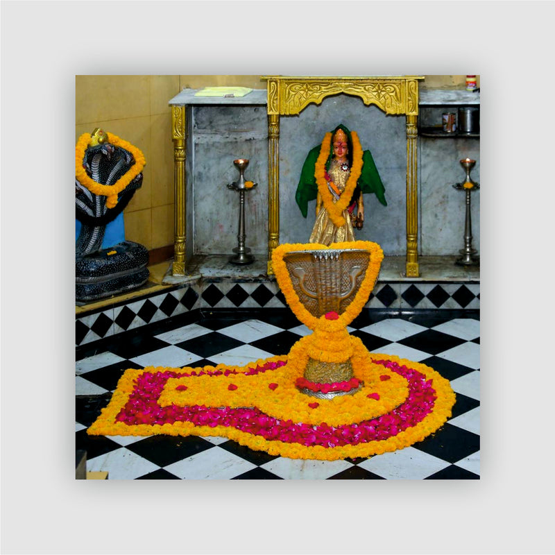 Smaran Nageshwar Jyotirlinga Wooden Fridge Magnet | Sacred Shrine Interior with Snake Statue & Floral Offerings | 3x3 Inch Spiritual Refrigerator Decor for Home Kitchen & Gift