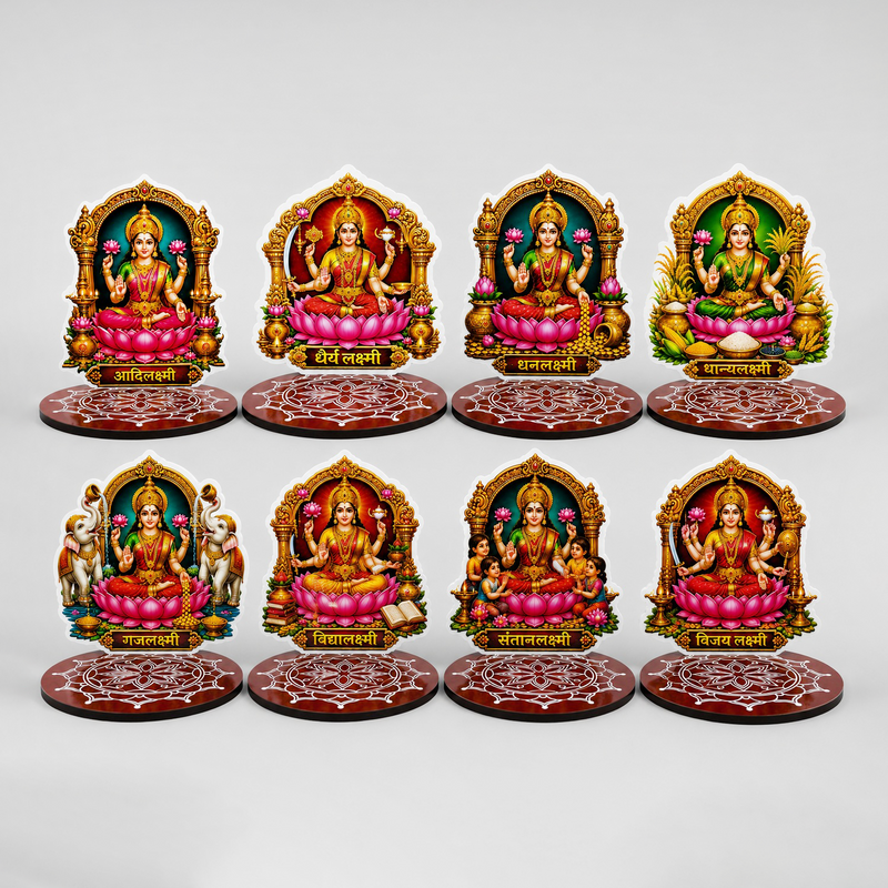 TodFod Ashtalakshmi Tealight Candle Holder Coaster Set of 8 | 3 Inch Wooden MDF Lakshmi Diya Stand for Diwali Pooja Home Decor