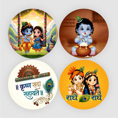Todfod Krishna Fridge Magnet Set of 4 | 3 Inch Radha Krishna Jhula & Janmashtami Circular MDF Wood Magnets