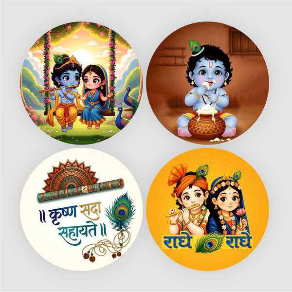 Todfod Krishna Fridge Magnet Set of 4 | 3 Inch Radha Krishna Jhula & Janmashtami Circular MDF Wood Magnets