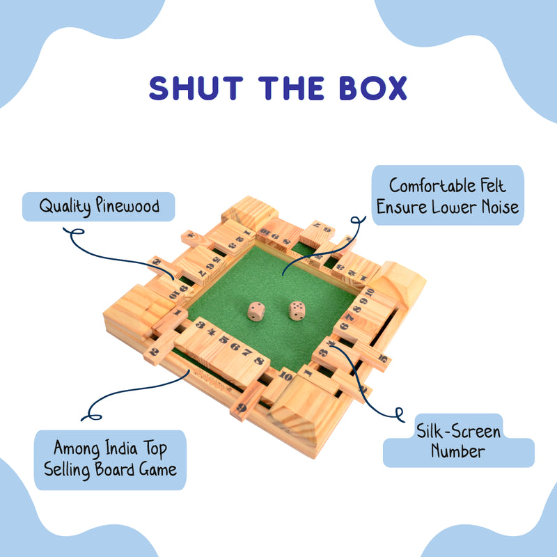 Clapjoy Shut The Box Wooden Dice Board Game for Kids & Family | Pinewood Number Strategy Game with Felt Board, 2 Pairs of Dice & Number Tiles | Educational Indoor Game