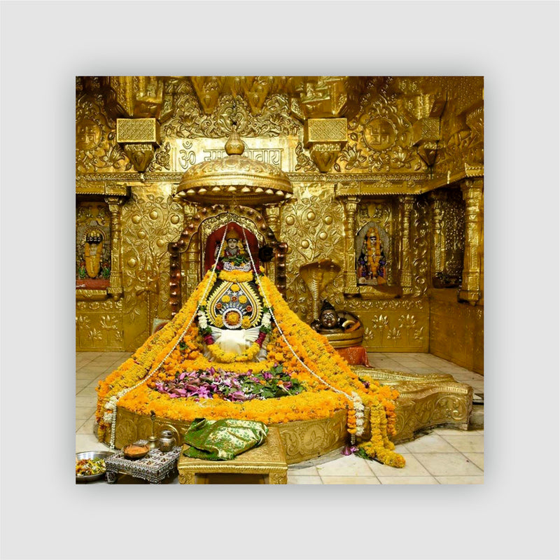 Smaran Somnath Jyotirlinga Wooden Fridge Magnet | Sacred Deity Shrine Interior with Orange Garlands & Golden Base | 3x3 Inch Spiritual Refrigerator Decor for Home Kitchen & Gift