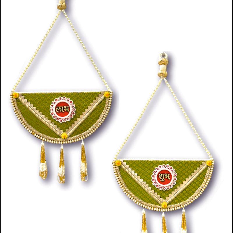Pair of green and gold decorative hanging items with tassels on a white background