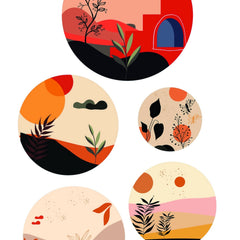Todfod Abstract Nature Wall Decor Set of 5 | Multi-Size Circular MDF Wood Plaques with Sun, Plants & Butterflies