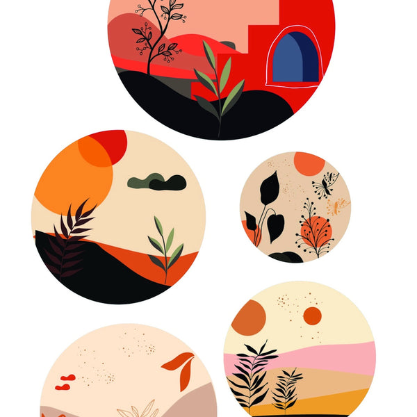 Todfod Abstract Nature Wall Decor Set of 5 | Multi-Size Circular MDF Wood Plaques with Sun, Plants & Butterflies