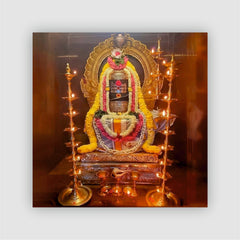 Smaran Rameshwaram Jyotirlinga Wooden Fridge Magnet | Sacred Deity Shrine Interior with Traditional Oil Lamps | 3x3 Inch Spiritual Refrigerator Decor for Home Kitchen & Gift