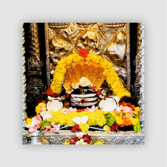 Smaran Mallikarjuna Jyotirlinga Wooden Fridge Magnet | Sacred Deity Shrine Interior with Yellow Garlands & Coconut Offerings | 3x3 Inch Spiritual Refrigerator Decor for Home Kitchen & Gift