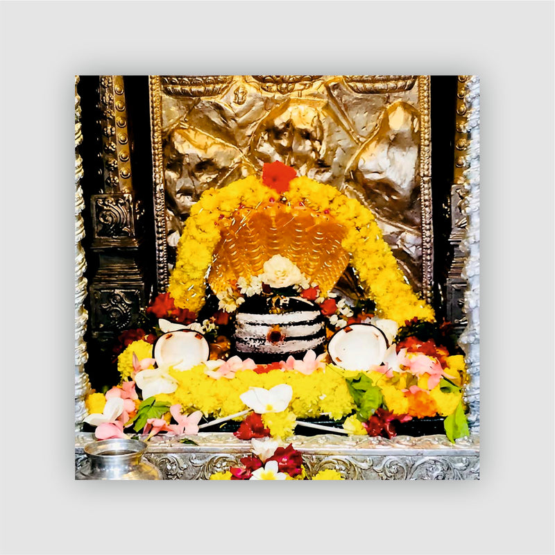 Smaran Mallikarjuna Jyotirlinga Wooden Fridge Magnet | Sacred Deity Shrine Interior with Yellow Garlands & Coconut Offerings | 3x3 Inch Spiritual Refrigerator Decor for Home Kitchen & Gift