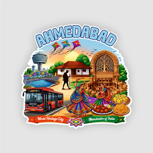 Smaran Ahmedabad Wooden Fridge Magnet | World Heritage City & Kite Illustration | 3x3 Inch Refrigerator Decor for Home Kitchen & Gift