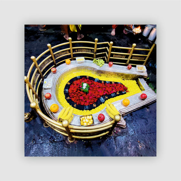 Smaran Bhimashankar Jyotirlinga Wooden Fridge Magnet | Sacred Shivling Shrine Interior with Fruits & Floral Offerings | 3x3 Inch Spiritual Refrigerator Decor for Home Kitchen & Gift