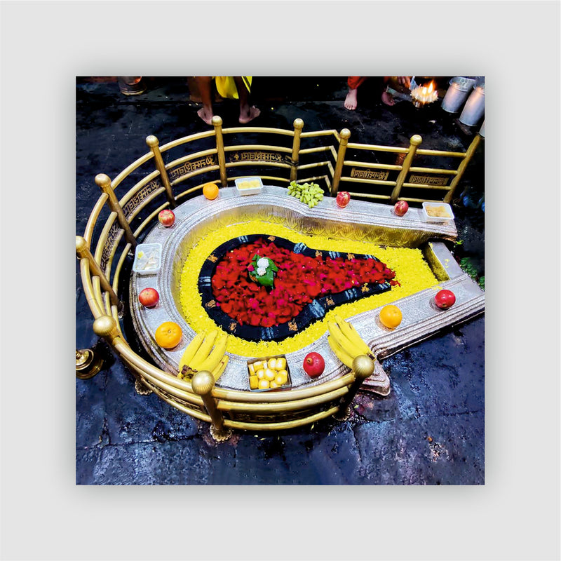 Smaran Bhimashankar Jyotirlinga Wooden Fridge Magnet | Sacred Shivling Shrine Interior with Fruits & Floral Offerings | 3x3 Inch Spiritual Refrigerator Decor for Home Kitchen & Gift
