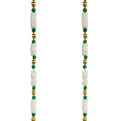 Pair of white and green beaded earrings with gold accents on a white background