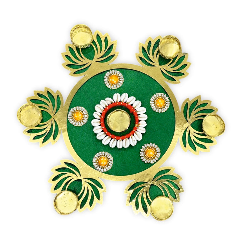 Decorative green and gold pattern on a white background