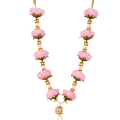 Necklace with pink floral beads and gold accents on a white background