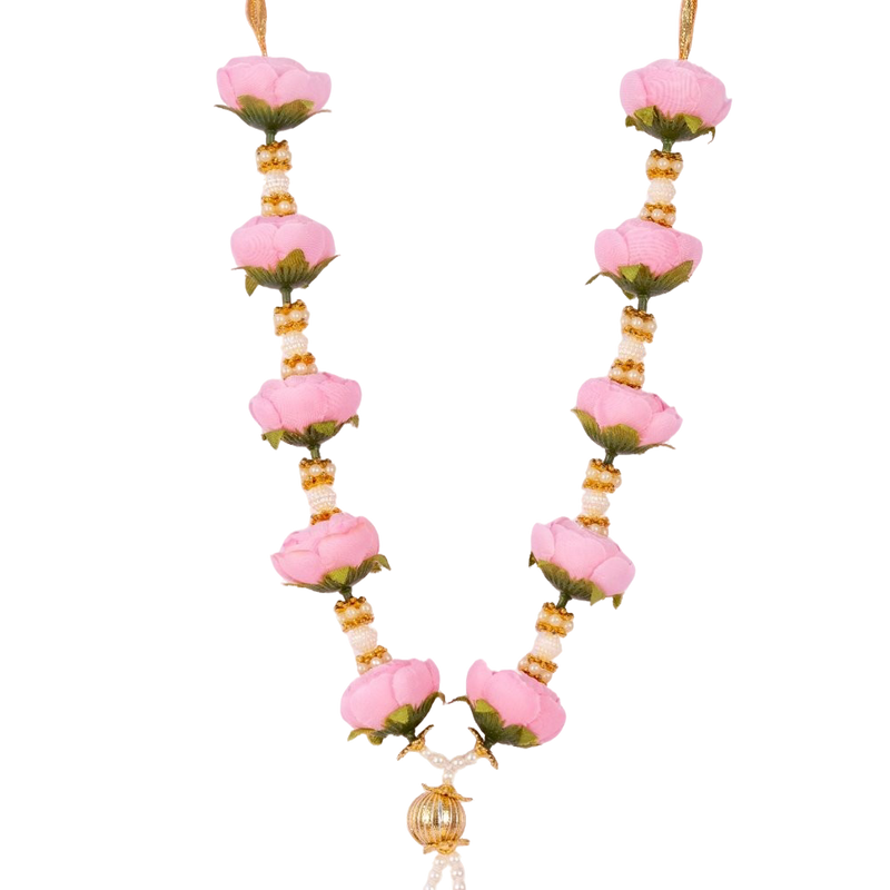 Necklace with pink floral beads and gold accents on a white background