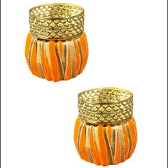 Two decorative candle holders with orange and gold striped design on a white background