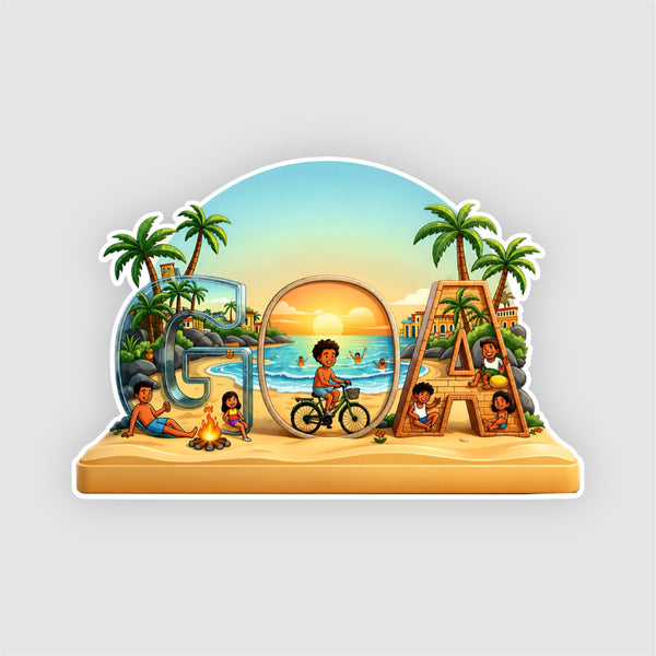Smaran Goa Wooden Fridge Magnet | Creative Alphabet Beach Scene with Sunset & Palm Trees | 3x3 Inch Wooden Refrigerator Decor for Home Kitchen & Gift