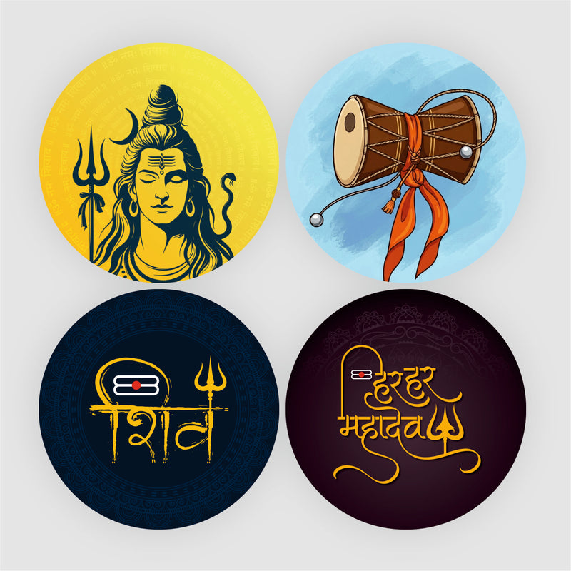 Todfod Mahadev Fridge Magnet Set of 4 | 3 Inch Lord Shiva Trishul, Damaru & Golden Shiv Mantra Circular MDF Wood Magnets