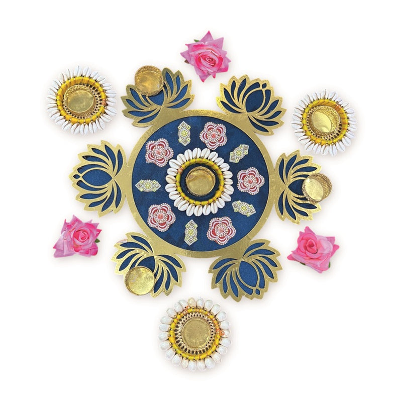 Smaran Handcrafted Blue Lotus Rangoli Set with Cowrie Shell Diya – Traditional Festive Floor Decor for Diwali, Weddings & Pooja Ceremonies (Blue Lotus Rangoli Set)