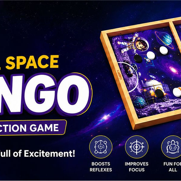 Space Slingo Rapid Action Wooden Puck Game for Kids & Family | Fast Track Sling Puck Board Game | Portable Travel-Friendly Interactive Board Game (Ages 5+)