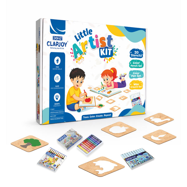 Little Artist Kit for Kids 3+ | 20 Stencils with Colour Pencils, Colour Pens & Wax Crayons | Drawing, Tracing & Colouring Art Set | Creative Activity Kit for Boys & Girls