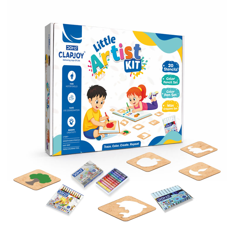 Little Artist Kit for Kids 3+ | 20 Stencils with Colour Pencils, Colour Pens & Wax Crayons | Drawing, Tracing & Colouring Art Set | Creative Activity Kit for Boys & Girls