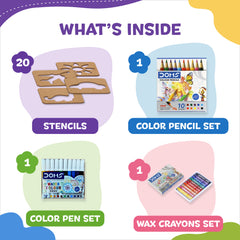 Little Artist Kit for Kids 3+ | 20 Stencils with Colour Pencils, Colour Pens & Wax Crayons | Drawing, Tracing & Colouring Art Set | Creative Activity Kit for Boys & Girls