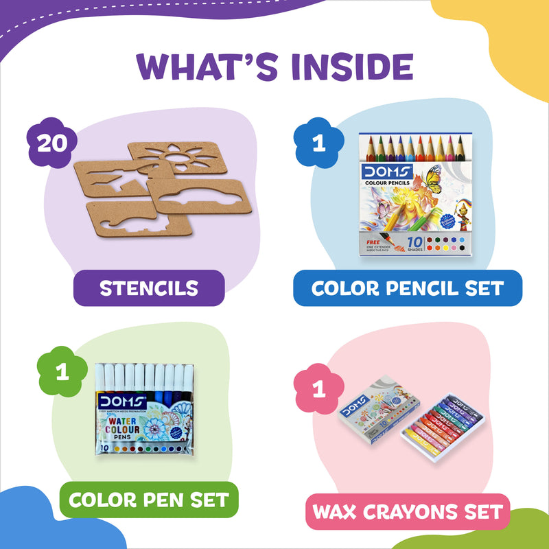 Little Artist Kit for Kids 3+ | 20 Stencils with Colour Pencils, Colour Pens & Wax Crayons | Drawing, Tracing & Colouring Art Set | Creative Activity Kit for Boys & Girls