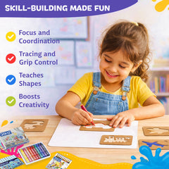 Little Artist Kit for Kids 3+ | 20 Stencils with Colour Pencils, Colour Pens & Wax Crayons | Drawing, Tracing & Colouring Art Set | Creative Activity Kit for Boys & Girls