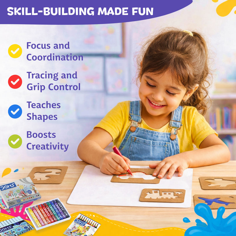 Little Artist Kit for Kids 3+ | 20 Stencils with Colour Pencils, Colour Pens & Wax Crayons | Drawing, Tracing & Colouring Art Set | Creative Activity Kit for Boys & Girls