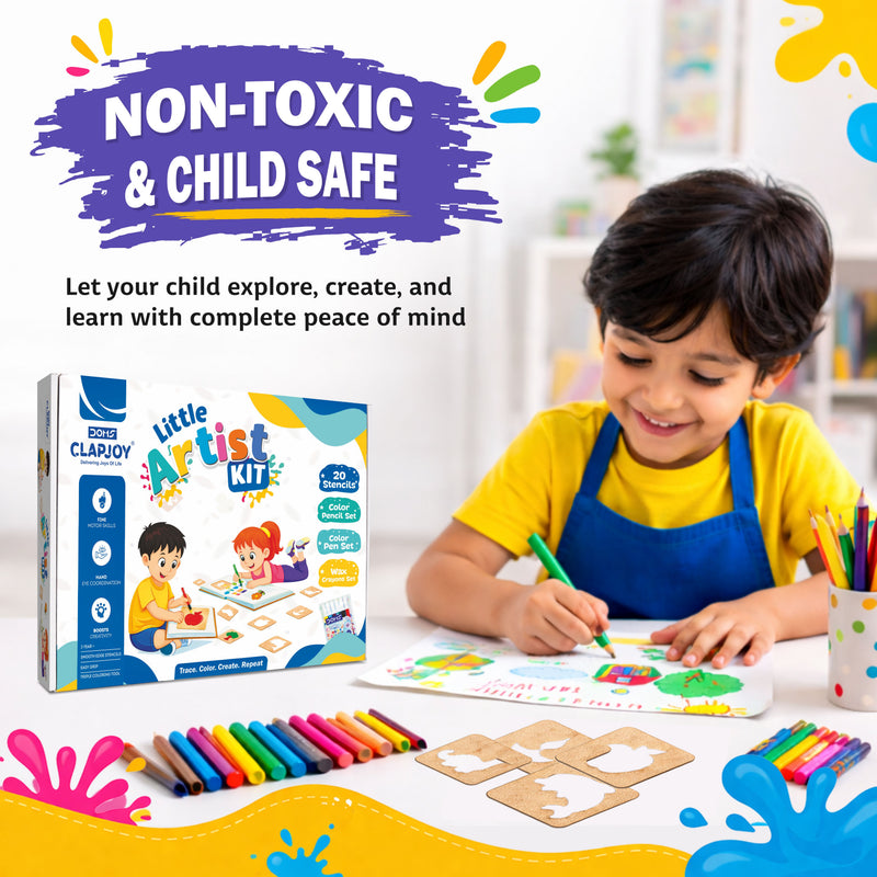 Little Artist Kit for Kids 3+ | 20 Stencils with Colour Pencils, Colour Pens & Wax Crayons | Drawing, Tracing & Colouring Art Set | Creative Activity Kit for Boys & Girls
