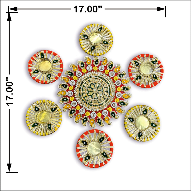 Decorative wall art with circular designs and measurements on a white background