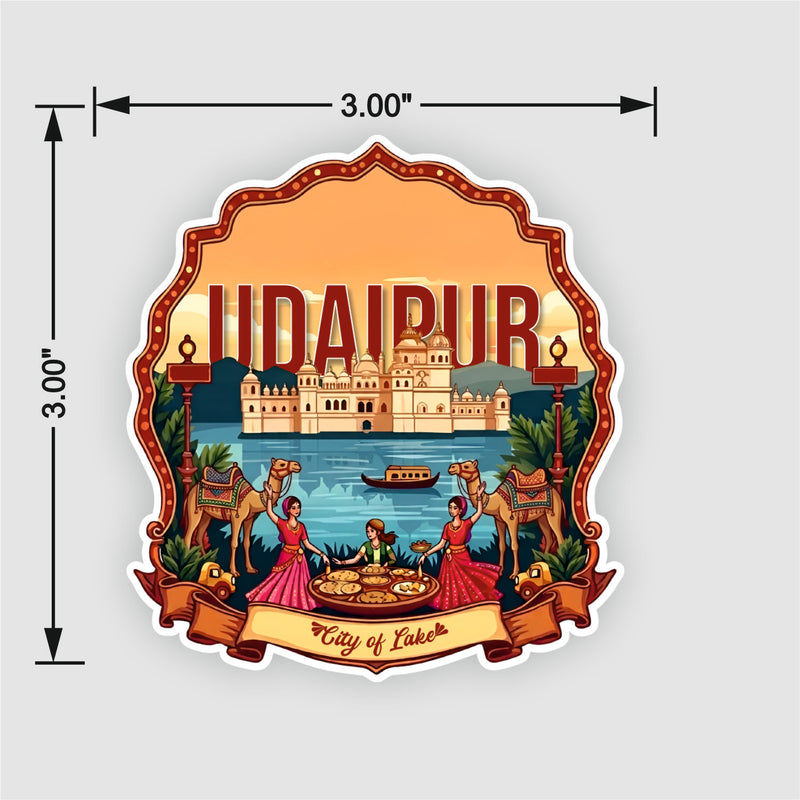 Smaran Udaipur Wooden Fridge Magnet | City of Lakes Lake Palace Illustration | 3x3 Inch Refrigerator Decor for Home Kitchen & Gift